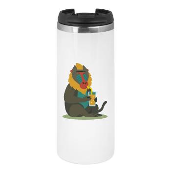bunter Mandrill genießt entspannt ein Glas Saft - Thermobecher - Weiß - Vorne