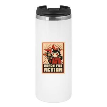 Retro Cat Commando: Bereit für den Einsatz - Thermobecher - Weiß - Vorne