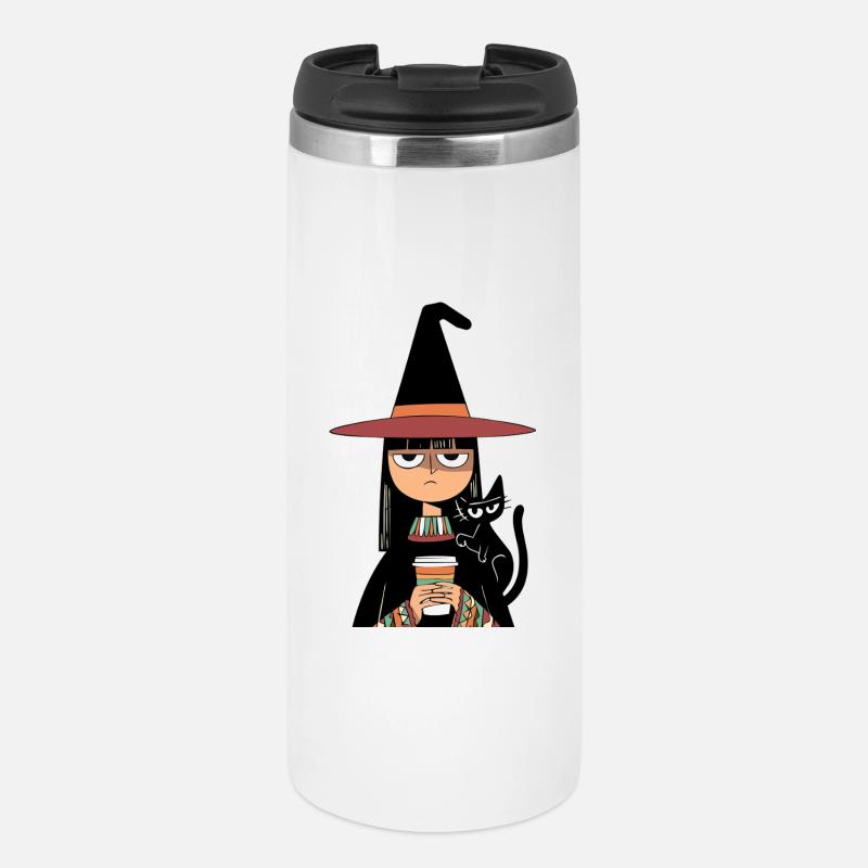 Grumpy Witch with Coffee and Black Cat – Halloween - Mug isotherme - blanc