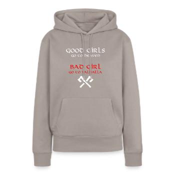 Good girls go to heaven Bad girl go to Valhalla - Sweat à capuche Premium bio Femme - taupe - Devant - Julia (174cm)
