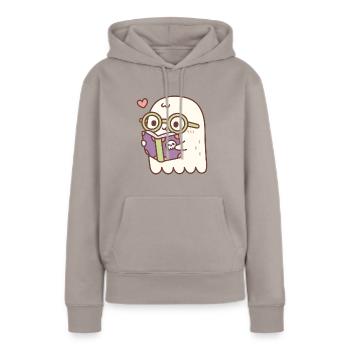Fantôme mignon lisant un livre avec un crâne - Sweat à capuche Premium bio Femme - taupe - Devant - Julia (174cm)