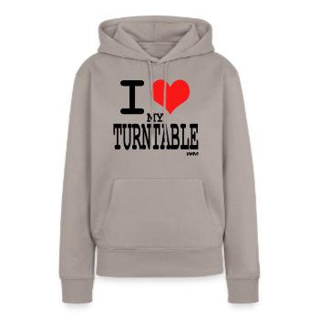 i love turntable by wam - Sweat à capuche Premium bio Femme - taupe - Devant - Julia (174cm)