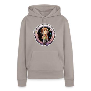 Whimsical Wanderer Cartoon Dimension Traveler - Frauen Premium Bio Hoodie - Taupe - Vorne - Julia (174cm)