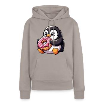 Mignon pingouin grignote sur beignet bande dessinée - Sweat à capuche Premium bio Femme - taupe - Devant - Julia (174cm)