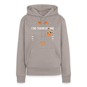 Je creuse Thanksgiving - Thanksgiving - Sweat à capuche Premium bio Femme - taupe - Devant - Julia (174cm)
