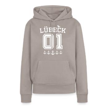 Lübeck Dictons Ville hanséatique de Luebeck - Sweat à capuche Premium bio Femme - taupe - Devant - Julia (174cm)