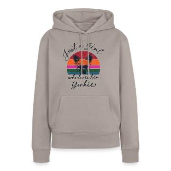 Just a Girl Who Loves Her Yorkie - coucher de soleil rétro - Sweat à capuche Premium bio Femme - taupe - Devant - Julia (174cm)