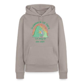 Erzieherin mit Herz "Ich zeig dir die Welt" - Frauen Premium Bio Hoodie - Taupe - Vorne - Julia (174cm)