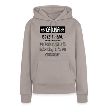 Karma, Schicksal, Buddha - Frauen Premium Bio Hoodie - Taupe - Vorne - Julia (174cm)