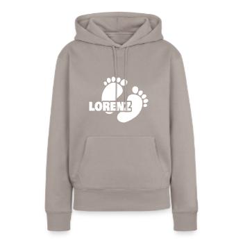 Geburt Lorenz - Frauen Premium Bio Hoodie - Taupe - Vorne - Julia (174cm)