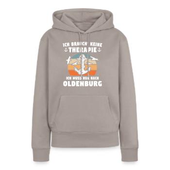 Oldenburger Sprüche Oldenburg - Frauen Premium Bio Hoodie - Taupe - Vorne - Julia (174cm)