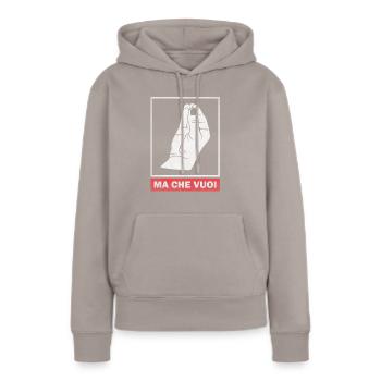 Ma che voui - qu’est-ce que tu veux ?! - Sweat à capuche Premium bio Femme - taupe - Devant - Julia (174cm)