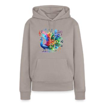Pfau mit musikalischen Notenfedern - Frauen Premium Bio Hoodie - Taupe - Vorne - Julia (174cm)