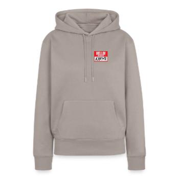 Hallo, mein Name ist Karma lustiger Karma Nametag - Frauen Premium Bio Hoodie - Taupe - Vorne - Julia (174cm)