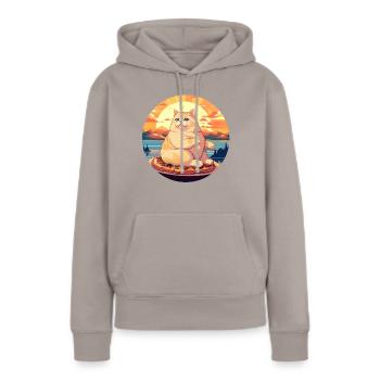 Sonnenuntergangs-Schmaus: Mollige Katze genießt - Frauen Premium Bio Hoodie - Taupe - Vorne - Julia (174cm)