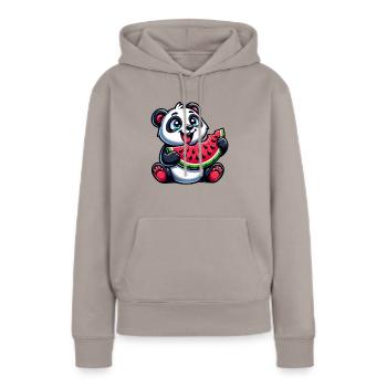 Panda mit Wassermelone Fruchtig Lustig - Frauen Premium Bio Hoodie - Taupe - Vorne - Julia (174cm)