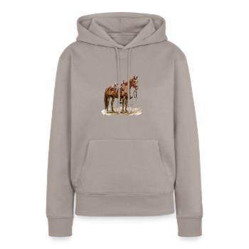 Braunes Pferd Mit Sattel Im Freien - Frauen Premium Bio Hoodie - Taupe - Vorne - Julia (174cm)