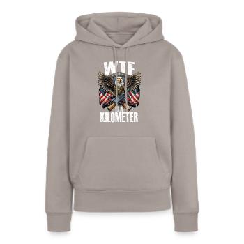 WTF ist ein Kilometer. 4. Juli Eagle WTF-Kilometer - Frauen Premium Bio Hoodie - Taupe - Vorne - Julia (174cm)