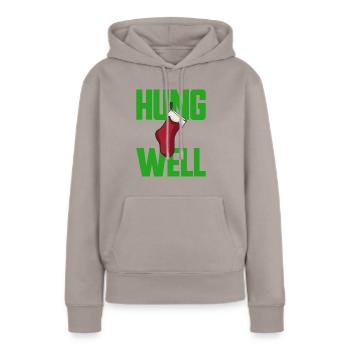Hung Well Bas de Noël Raunchy Homme - Sweat à capuche Premium bio Femme - taupe - Devant - Julia (174cm)