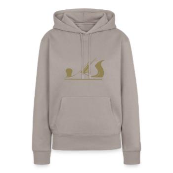 Schreiner Werkzeug Hobel Design - Frauen Premium Bio Hoodie - Taupe - Vorne - Julia (174cm)