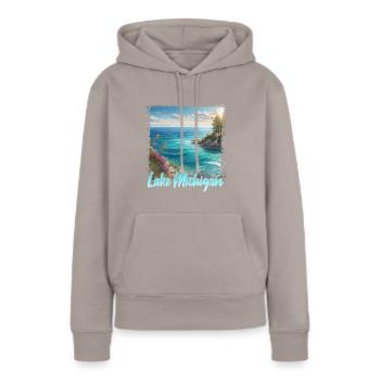 Lac Michigan - Sweat à capuche Premium bio Femme - taupe - Devant - Julia (174cm)