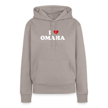 Heart USA City - J’aime Omaha - Sweat à capuche Premium bio Femme - taupe - Devant - Julia (174cm)