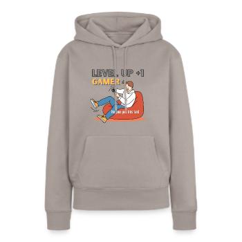 Stufenaufstieg +1 - Spieler - Frauen Premium Bio Hoodie - Taupe - Vorne - Julia (174cm)