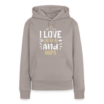 I Love Jesus And Naps - Jesus - Frauen Premium Bio Hoodie - Taupe - Vorne - Julia (174cm)