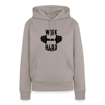 Work Hard Hantel schwarz - Frauen Premium Bio Hoodie - Taupe - Vorne - Julia (174cm)