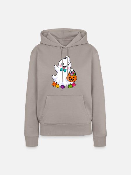 Kleiner Halloween Geist mit Kürbiskorb - Frauen Premium Bio Hoodie - Taupe