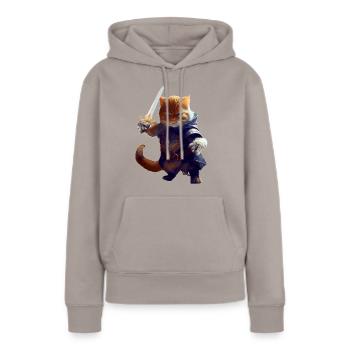 Katze als Ritter mit Schwert als tapferer Kämpfer - Frauen Premium Bio Hoodie - Taupe - Vorne - Julia (174cm)