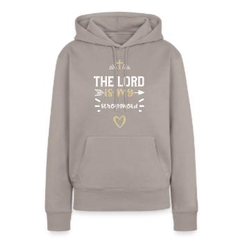 Le Seigneur est ma forteresse - Jésus - Sweat à capuche Premium bio Femme - taupe - Devant - Julia (174cm)