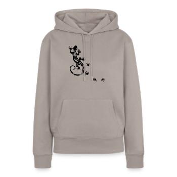 Gecko courant Ethno - Sweat à capuche Premium bio Femme - taupe - Devant - Julia (174cm)