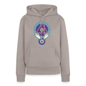 Néon Illuminati Pyramide 23 avec Aura, Lumière Noire - Sweat à capuche Premium bio Femme - taupe - Devant - Julia (174cm)