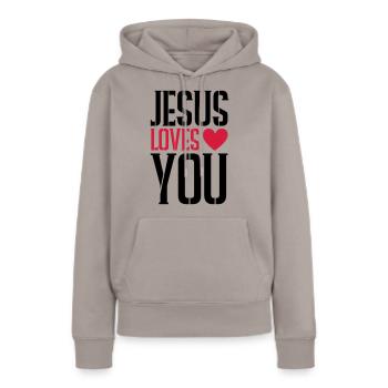 Jésus t’aime - Sweat à capuche Premium bio Femme - taupe - Devant - Julia (174cm)