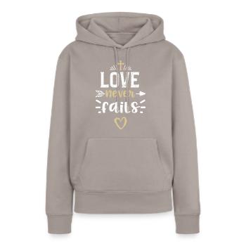 Love never fails - Jesus - Frauen Premium Bio Hoodie - Taupe - Vorne - Julia (174cm)