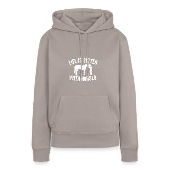 LIFE IS BETTER WITH HORSES Motiv für - Frauen Premium Bio Hoodie - Taupe - Vorne - Julia (174cm)