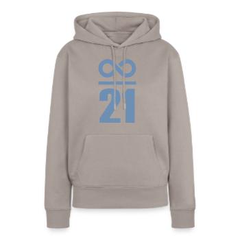Unendlich durch 21 Millionen Bitcoin - Frauen Premium Bio Hoodie - Taupe - Vorne - Julia (174cm)