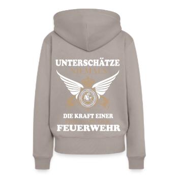 Unterschätze niemals Frau - Frauen Premium Bio Hoodie - Taupe - Hinten - Julia (174cm)