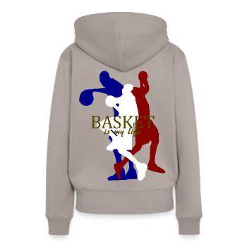 basket is my life - Frauen Premium Bio Hoodie - Taupe - Hinten - Julia (174cm)