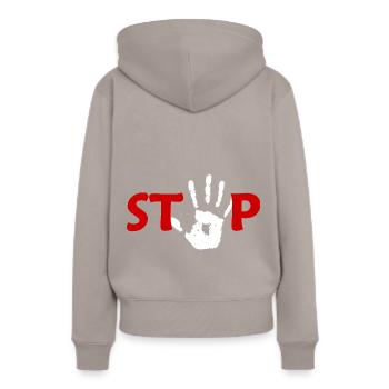Main Stop en rouge blanc - Sweat à capuche Premium bio Femme - taupe - Dos - Julia (174cm)