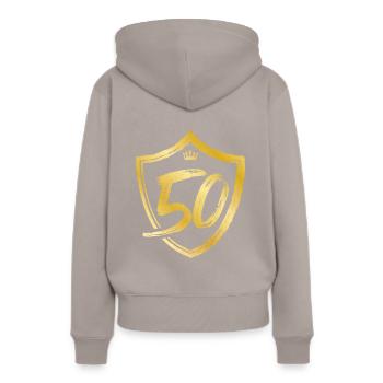 50 années d'or - Sweat à capuche Premium bio Femme - taupe - Dos - Julia (174cm)