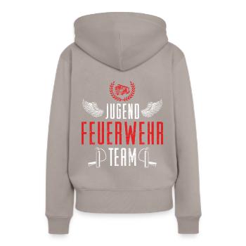 Jugend Feuerwehr Team Feuerwehrmann - Frauen Premium Bio Hoodie - Taupe - Hinten - Julia (174cm)