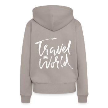 Travel Travel World en disant - Sweat à capuche Premium bio Femme - taupe - Dos - Julia (174cm)