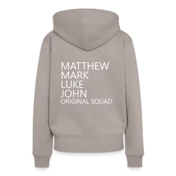 christlich Bibel Kirche evangelisch Apostel Gott - Frauen Premium Bio Hoodie - Taupe - Hinten - Julia (174cm)