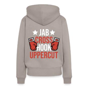 Boxing Jab Cross Hook Uppercut - Frauen Premium Bio Hoodie - Taupe - Hinten - Julia (174cm)