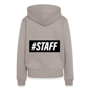 Staff Mitglied - Frauen Premium Bio Hoodie - Taupe - Hinten - Julia (174cm)