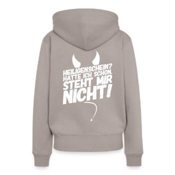 Heiligenschein Teufel Spruch - Frauen Premium Bio Hoodie - Taupe - Hinten - Julia (174cm)