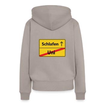 Uni? Schlafen - Frauen Premium Bio Hoodie - Taupe - Hinten - Julia (174cm)