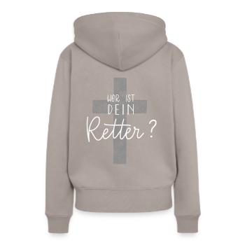 Wer ist dein Retter? - Frauen Premium Bio Hoodie - Taupe - Hinten - Julia (174cm)